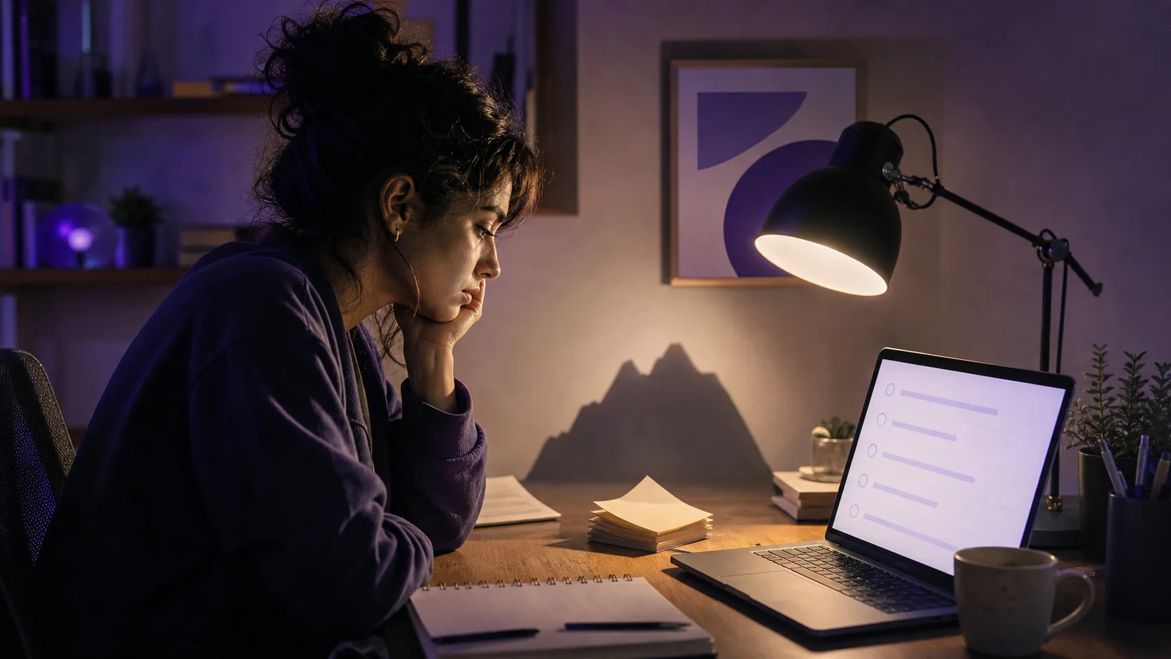Gece geç saatte masada, açık bir laptop ekranının önünde oturan kişi, ekranda küçük bir liste, kişinin önünde ise dağ gibi büyüyen bir gölge
